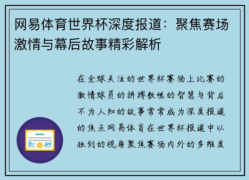 网易体育世界杯深度报道：聚焦赛场激情与幕后故事精彩解析